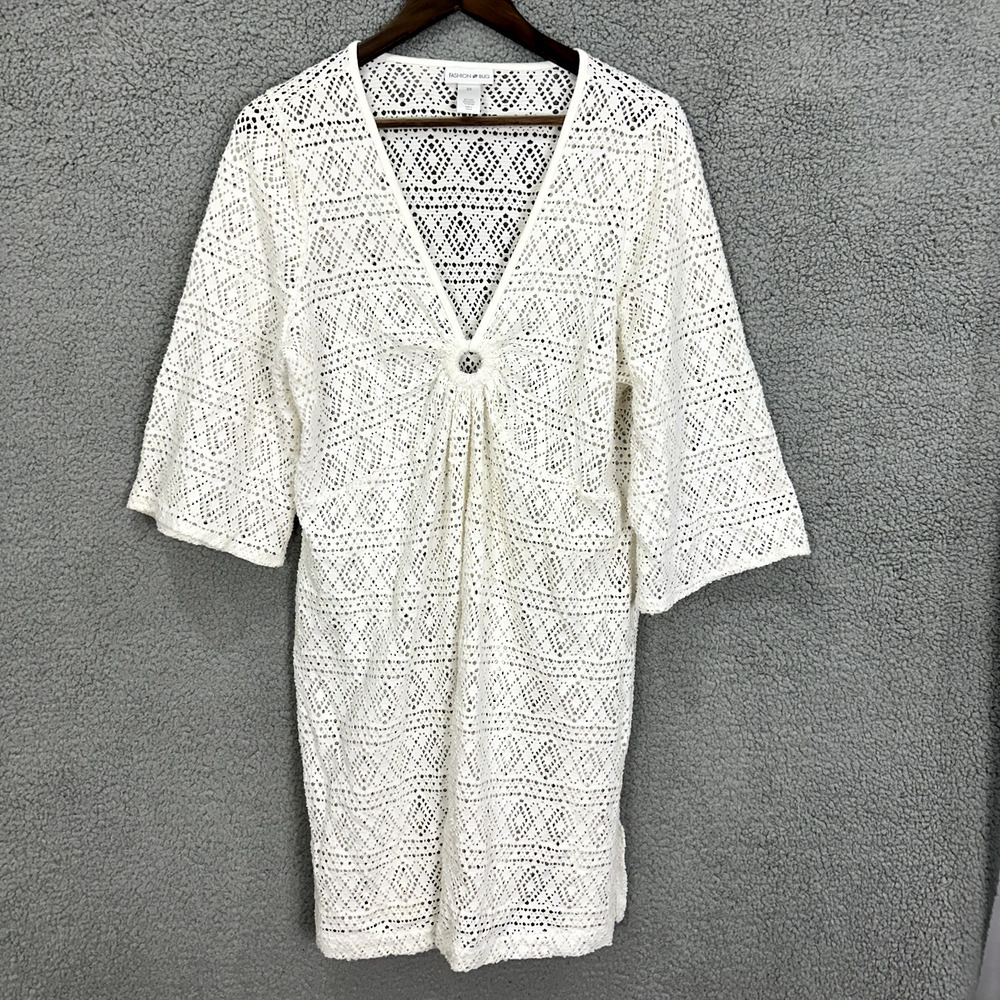 Fashion Bug Cover Up Dress Womens 0X‎ Cream Crochet Open Knit Beach Vacation Vtg